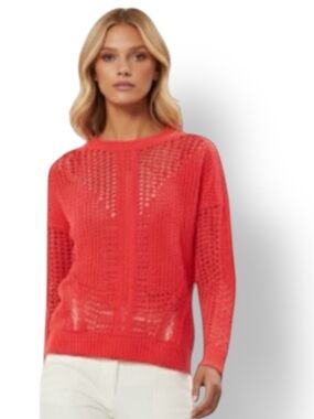 MAJE Mazet  Open Knit Jumper Crew Neck Sweater Zain Coral Red/Poppy Size 3 US L